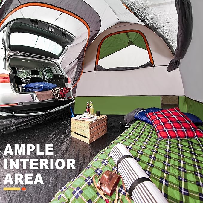 SUV Tent for Camping, Waterproof PU3000mm Spacious Double Layer Design for 5-8 Person, Includes Rainfly and Storage Bag, 8FT L x 8FT W x 7.2FT H Green