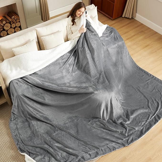 Bedsure GentleSoft Sherpa Fleece Oversized Cal King Blankets for Bed - Thick and Warm, Soft Fuzzy Plush Large Blanket for Winter, Grey, 112x98 Inches