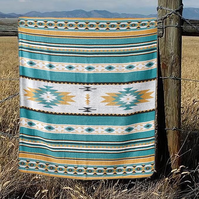 Aztec Patterned Throw Blanket with Soft Sherpa Lining 90”x90”, Traditional Southwestern Navajo Tribal Style Warm Throw for Home Decor, Light Weight Cozy Boho Blanket for Bed, Couch, Sofa, Teal