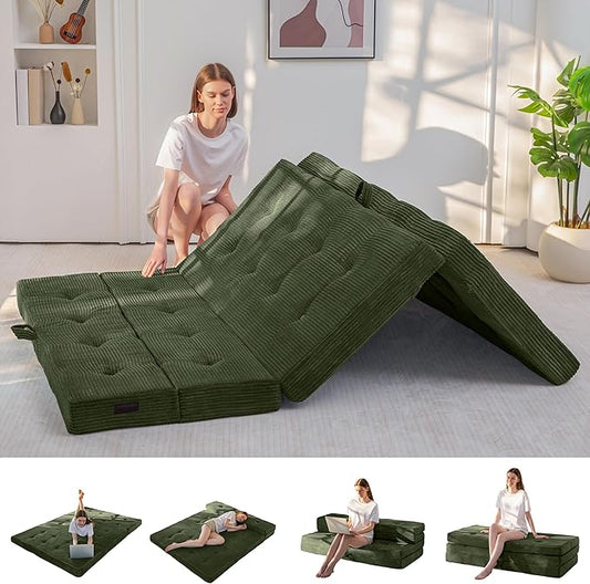 MAXYOYO Folding Mattress, 4 Inch Tufted Foldable Mattress Full Foam Bed, Tri-Fold Floor Couch with Handles Guest Bed Topper Portable Camping Mat with Corded Fabric, Twin Size, Dark Green