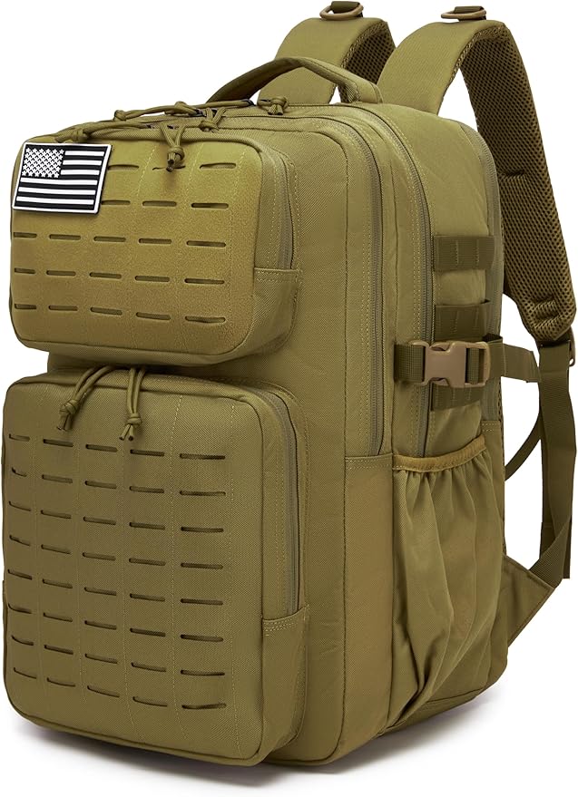 Wotony Military Tactical Backpack for Men Waterproof Daypack 3 Day Assault Pack Laser-Cut MOLLE Webbing Design with Water Bottle Holder Black Small Tactical Assault Bag (Khaki, 35L)