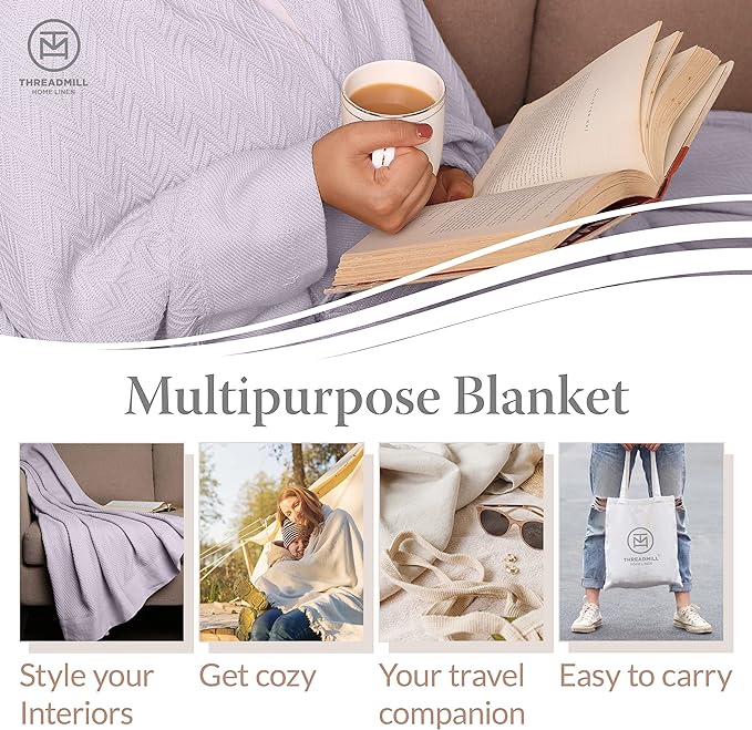 Threadmill Luxury Cotton Blankets for Queen Size Bed | All-Season 100% Cotton Queen Size Blanket | Herringbone Cozy, Soft Breathable Fall Thermal Blanket fits Full Size Bed, 90x92 | Lilac