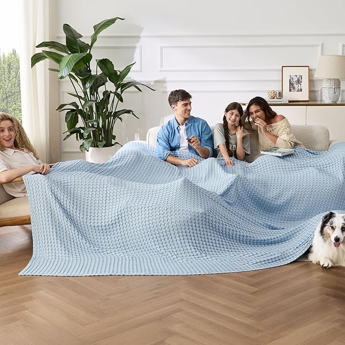 Bedsure Cooling Cotton Waffle Oversized King Blanket - Lightweight Breathable Rayon Derived from Bamboo for Hot Sleepers, Luxury Throws for Bed and Sofa, Blue, 120x96 Inches