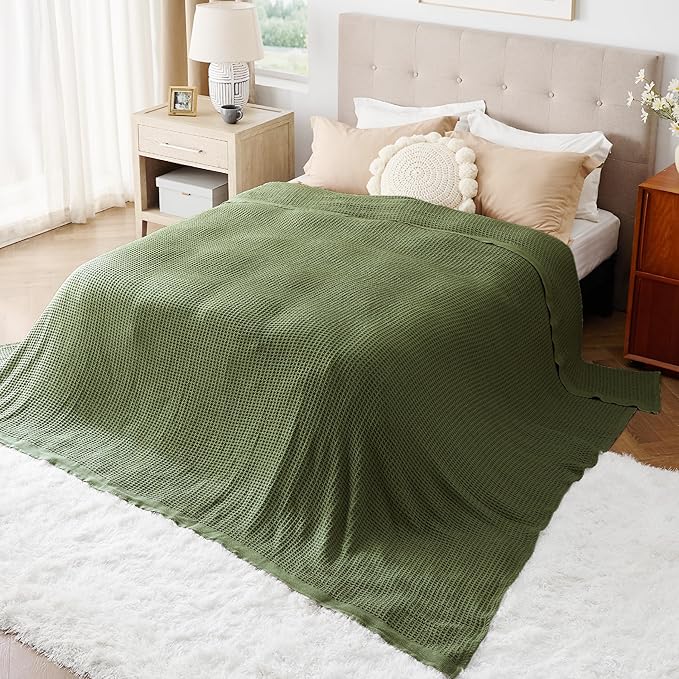 Bedsure Gentlesoft 100% Cotton Large Blanket Oversized King for Bed - Breathable Thick Waffle Weave Blanket for Summer, Couch Cover, Olive Green, 120x94 inches