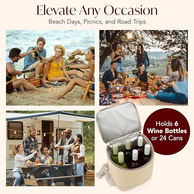 Insulated Cooler Backpack with 2 Stainless Steel Wine Tumblers – Leakproof & Spillproof Stylish Vegan Leather Picnic Cooler Bag – Lightweight & Portable – Holds 24 Cans or 6 Wine Bottles