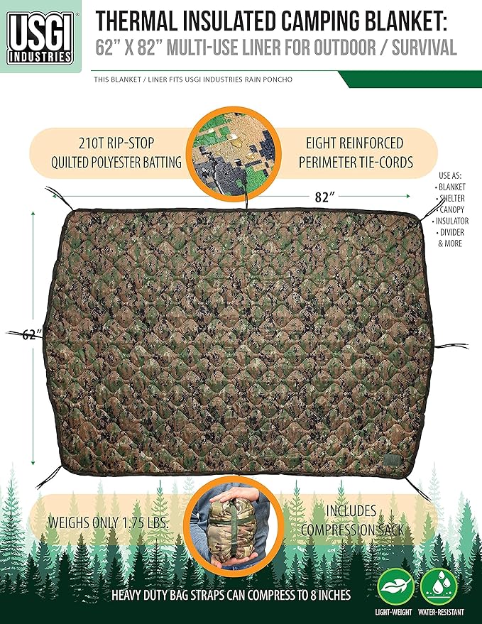 USGI Industries Military Woobie Blanket | Thermal Insulated Camping Blanket, Poncho Liner | Large, Portable, Insulation, Water-Resistant, for Hiking, Survival | Compression Carry Bag