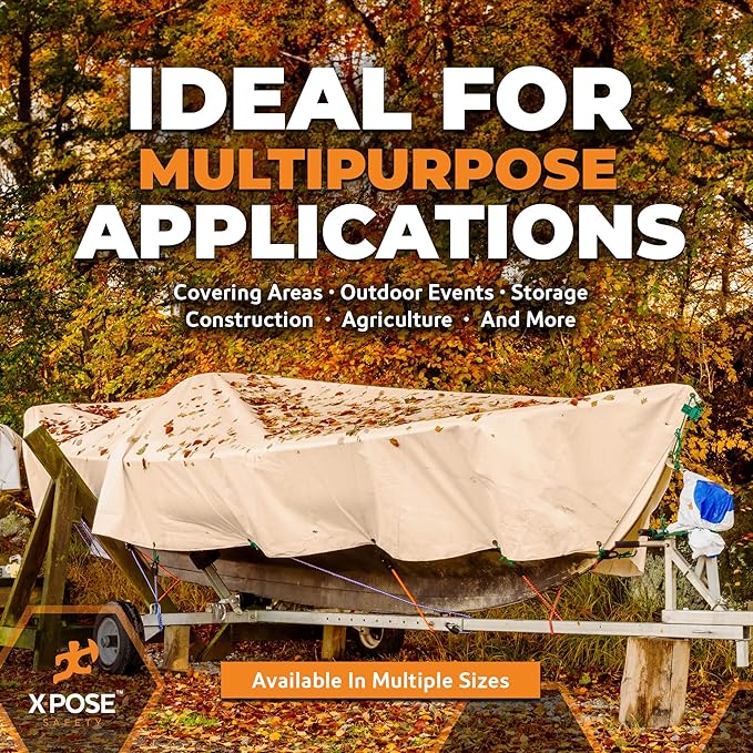 Heavy Duty Tan Poly Tarp 8' X 10' - Multipurpose Protective Cover - Durable, Waterproof, Weather Proof, Rip and Tear Resistant - Extra Thick 12 Mil Polyethylene - by Xpose Safety