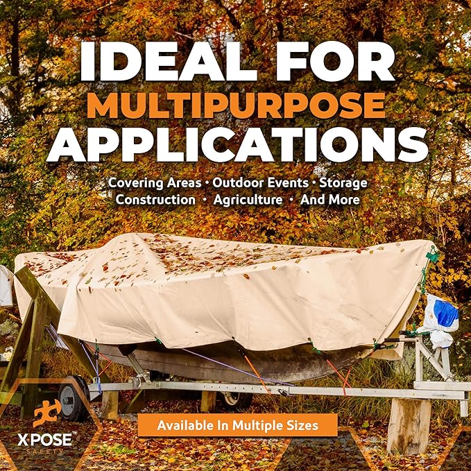 Heavy Duty Tan Poly Tarp 12' X 16' - Multipurpose Protective Cover - Durable, Waterproof, Weather Proof, Rip and Tear Resistant - Extra Thick 12 Mil Polyethylene - by Xpose Safety