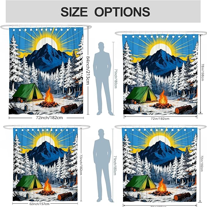 Mountain Shower Curtain, Nature Outdoor Tent Campfire Summer Blue Washable with Hooks Design Print Bath Curtains for Bathroom Toile Guest Room Decor 62x72 Inch