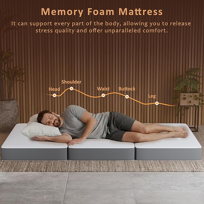 Greaton, 3-Inch Tri-Folding Gel Memory Foam Portable Floor Mattress | Breathable Mesh, Ultra Soft, Cot Pad, Removable and Washable Cover, Comfortable Support, Therapeutic Qualities, 25-Inch, White
