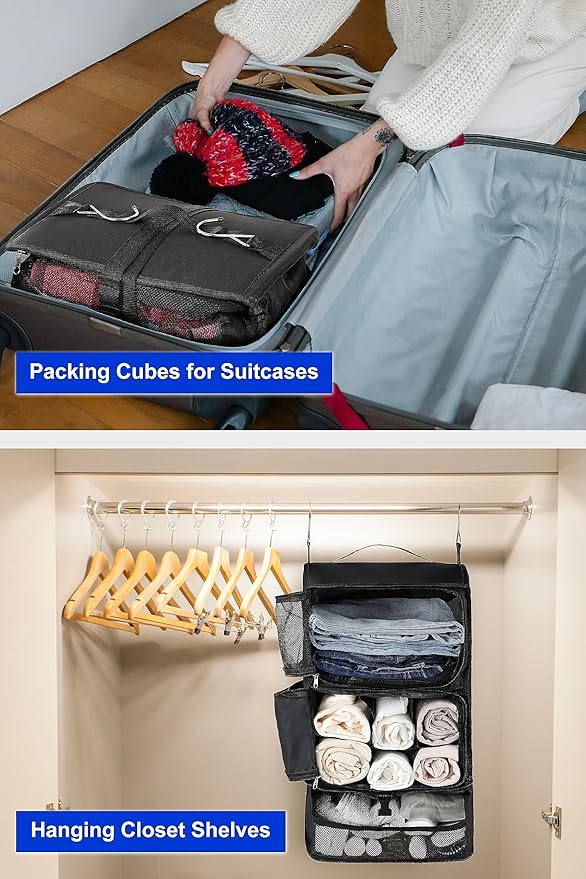 ELEZAY Hanging Packing Cubes Portable Closet 3-Shelf Travel Collapsible Compression Garment Organizer for Carry-on Luggage Suitcase Space Saver Bag X-Large_No Side Pockets, Black