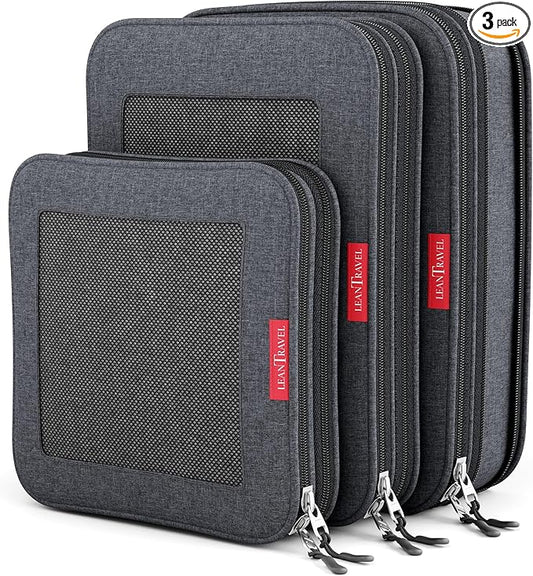LeanTravel Premium Compression Packing Cubes for Travel - Luggage Organizers with Double Zipper - Sturdy Bags for Suitcase (3-Pack, Black)