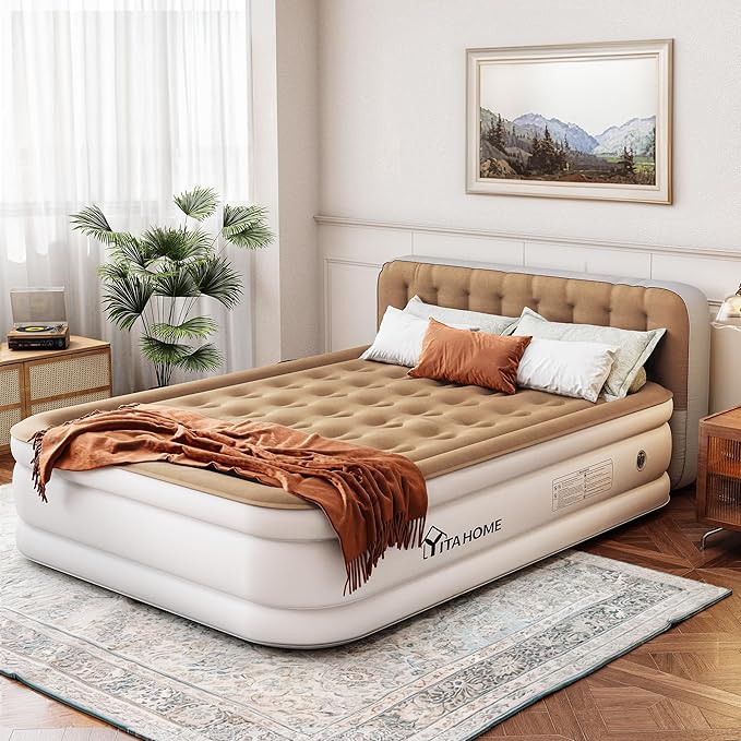 YITAHOME 18'' Flocked Top Queen Air Mattress with Built-in Pump and Headboard, Durable Inflatable Bed, Blow-Up Mattress for Indoor and Outdoor Use, Brown