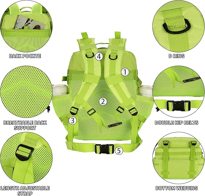 25L/45L Tactical Backpack Military Tactical Backpack Heavy Duty Molle Assault Pack for Work Gym Outdoors (1.0 25L-bright green, Small)