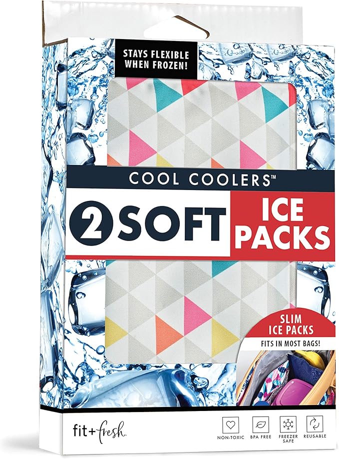 Cool Coolers by Fit & Fresh 2 Pack Soft Ice, Flexible Stretch Nylon Reusable Ice Packs for Lunch Boxes & Coolers, Multi-Colored