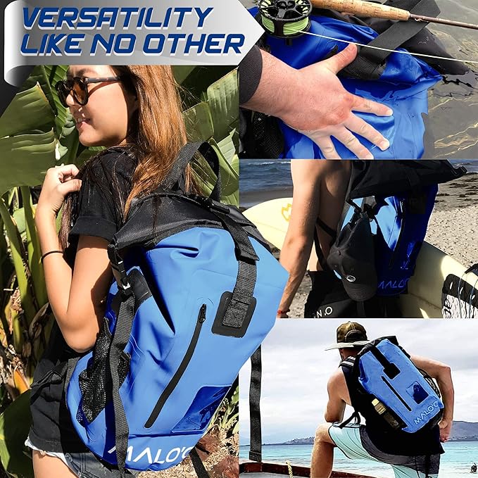 Malo’o DryPack 30L Waterproof Backpack, Roll-Top Dry Bag Backpack with Padded Straps, Floating Design for Beach, Kayaking, Fishing, Boating, Travel, and Water Sports, Dark Blue
