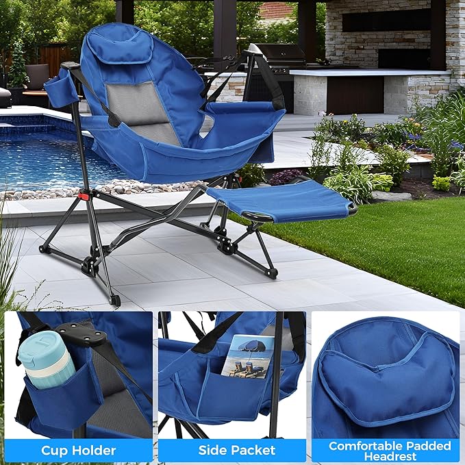 Ainfox Hammock Camping Chair with Footrest, Heavy Duty Foldable Portable Rocking Hammock Chairs Outside Swinging Camp with Cup Holder Pillow for Outdoor Patio Poolside Blue 2 Pack