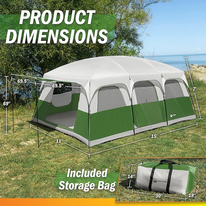 10-12 Person Large Camping Tent – Tall Family Cabin Outdoor Shelter with Room Divider, Mesh Windows, Water-Resistant Rainfly and Carry Bag for Camping and Outdoor Adventures – Wakeman Outdoors