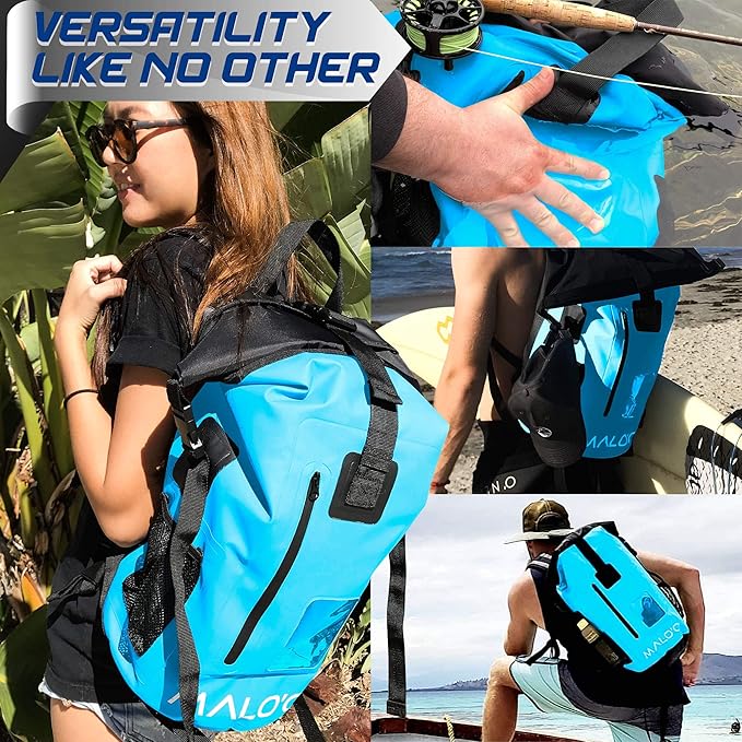 Malo’o DryPack 30L Waterproof Backpack, Roll-Top Dry Bag Backpack with Padded Straps, Floating Design for Beach, Kayaking, Fishing, Boating, Travel, and Water Sports, Blue
