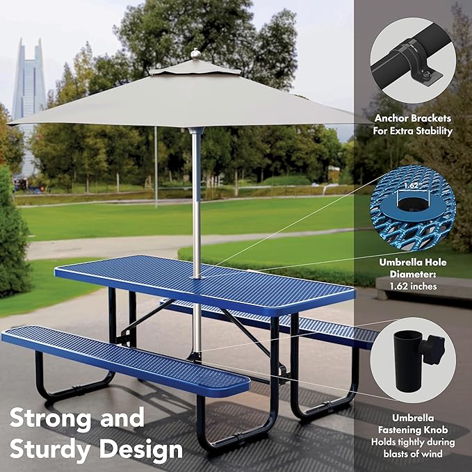 Metal Picnic Furniture for Outdoors with Umbrella Hole - Coated Steel Heavy Duty Commercial Grade Table with Adjustable Seats, Patio Set for a Lifetime (Blue, 6' Rectangular)