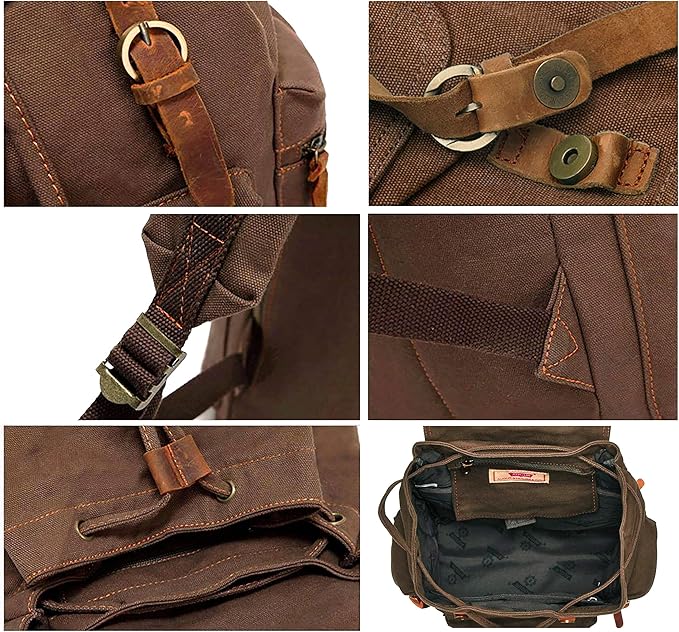 HuaChen Vintage Canvas Travel Backpack with Leather Trim, Laptop Padded Sleeve, Hidden Back Security Pocket, Fits 14-Inch, M32 Coffee