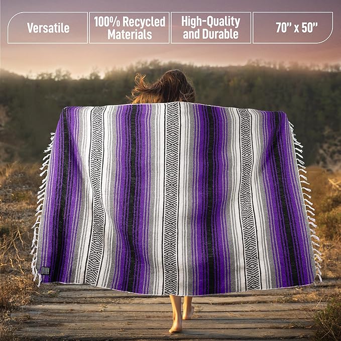 Hydration Nation Authentic Extra Large Mexican Blanket (70"x50") - Handwoven Yoga, Serape - Artisanal Falsa, Beach, Camping, Picnic, Outdoor (Purple)