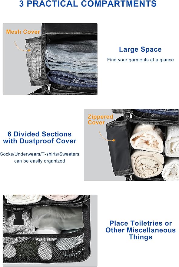 ELEZAY Hanging Packing Cubes Portable Closet 3-Shelf Travel Collapsible Compression Garment Organizer for Carry-on Luggage Suitcase Space Saver Bag X-Large_No Side Pockets, Black