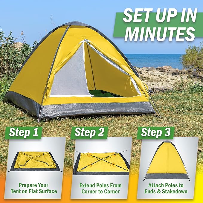 2 Person Outdoors Camping Tent with Rain Fly and Carrying Bag - Lightweight Outdoor Pop Up Tents for Camping Essentials, Music Festivals, Backpacking, Hiking, or Beach Shelter by Wakeman Outdoors