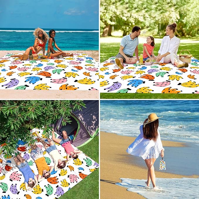 Beach Blanket, Waterproof Sandproof Beach Mat with 4 Stakes & 4 Pockets, 78''×86'' Large Compact Lightweight Sand Free Outdoor Essentials for Beach, Picnic, Travel, Camping