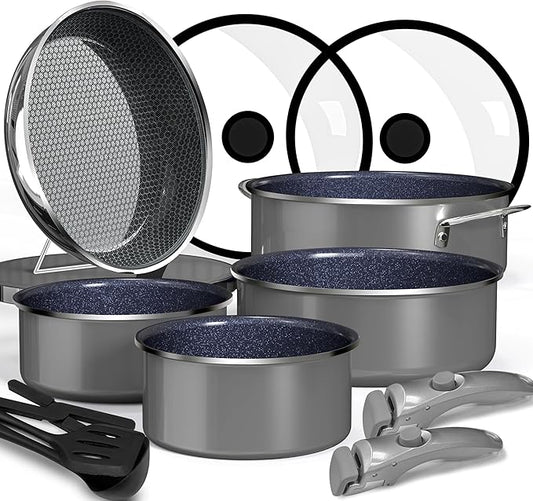 Pro DUXANO 12PC Nonstick Pots and Pans Set&Hybrid 3-Ply Stainless Steel Skillet, High Heat Sear&Fry, 2-Layer Ceramic Induction Cookware, 9H Scratch-Resistant&Anti-Warp,PFAS Free,All Cooktop/Dishwasher