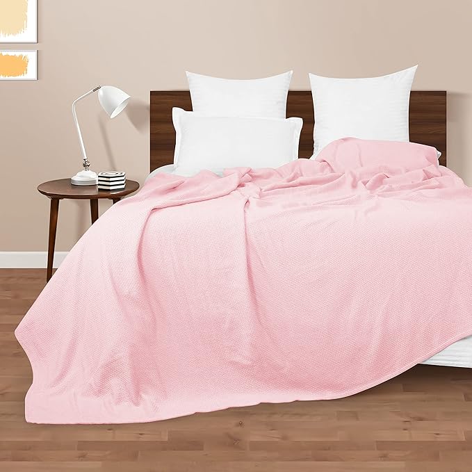 BOUTIQUO 100% Cotton Bed Blanket, Breathable Thermal Blanket Full - Queen Size, Soft Honeycomb Waffle Blanket 90"x90", Cotton Bed Blanket, Perfect for Layering Any Bed for All Season, Pink