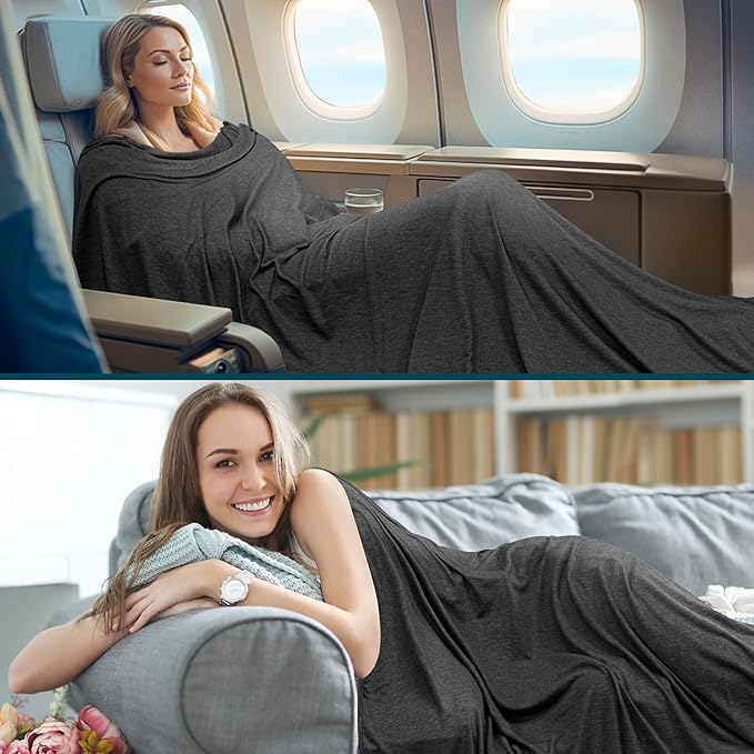 PAVILIA Travel Blanket Airplane Compact with Bag, Soft Packable Plane Blanket Kids Adults, Portable Camping Flight Essentials, Travelers Gifts Accessories, Luggage Backpack Strap, 65x40 Black