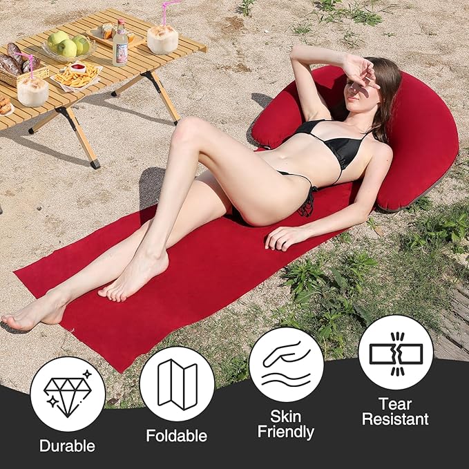 Beach mat with Inflatable Pillow, Portable mat, 70X30Inch (Red)