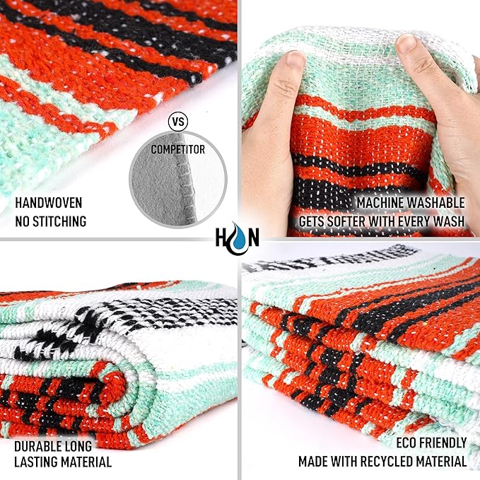 Hydration Nation Authentic Extra Large Mexican Blanket (70"x50") - Handwoven Yoga, Serape- Artisanal Falsa, Beach, Camping, Picnic, Outdoor (Mint-Orange)