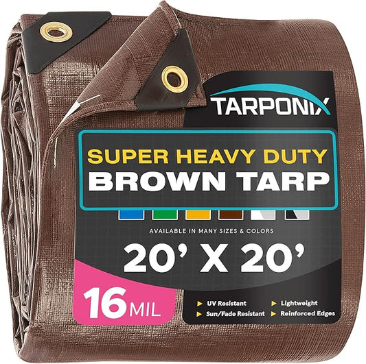 Super Heavy-Duty Brown Tarp 20' x 20' – 16 Mil Thick, All-Weather Waterproof Cover with Reinforced Edges and Sturdy Grommets