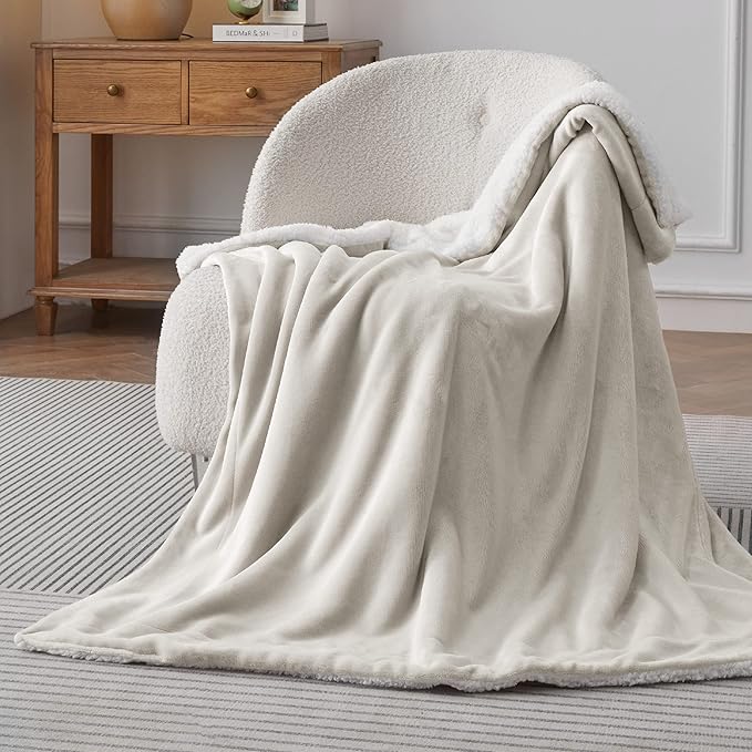 Bedsure GentleSoft Sherpa Fleece Throw Blanket Twin Size for Couch - Thick and Warm, Soft Fuzzy Plush Twin Blanket for Winter, Linen, 60x80 Inches