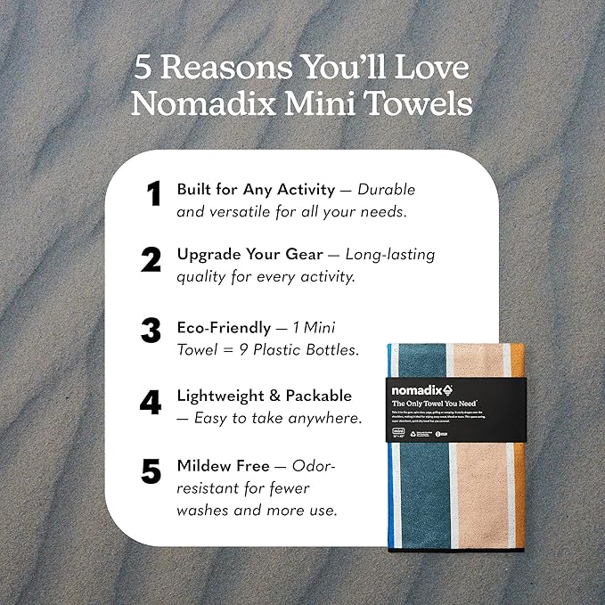 Nomadix Mini Towel - Perfect for Beach, Pool, Travel, Camping, Yoga - Made with Recycled Materials - Super Absorbent - Sand Resistant - Stripes Retro - 16x40