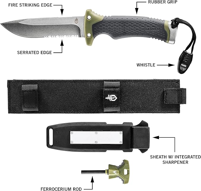 Gerber Gear Ultimate Survival Knife, Fixed Blade Knife with Combo Edge, includes Fire Starter Edge and Ferro Rod, Whistle, Sheath with Integrated Sharpener - Bushcraft, Hunting and Camping Tool