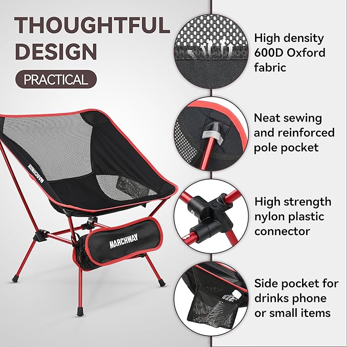 MARCHWAY Ultralight Folding Camping Chair, Heavy Duty Portable Compact for Outdoor Camp, Travel, Beach, Picnic, Festival, Hiking, Lightweight Backpacking (Red)