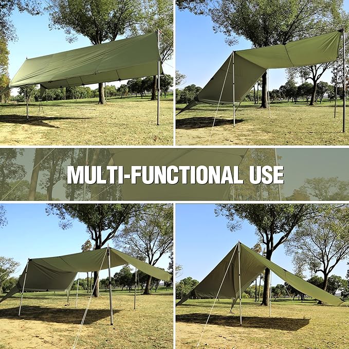 REDCAMP Large 10x17ft Waterproof Camping Tarp, Portable Hammock Rain Fly with 4 Adjustable Poles, 8 Guy Lines & Stakes, Backpacking Tent Shelter for Camping, Hiking, Beach (4 Poles)