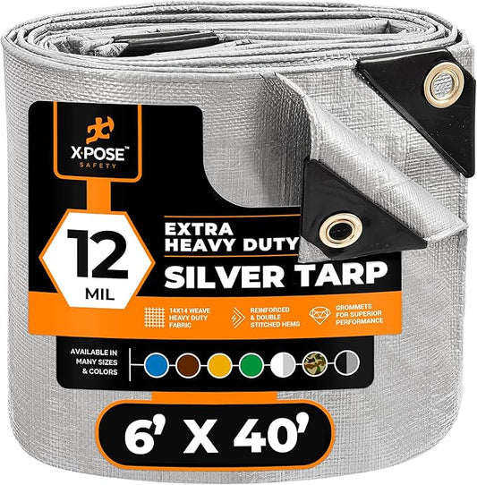 Heavy Duty Silver Poly Tarp 6' X 40' - Multipurpose Protective Cover - Durable, Waterproof, Weather Proof, Rip and Tear Resistant - Extra Thick 12 Mil Polyethylene - by Xpose Safety