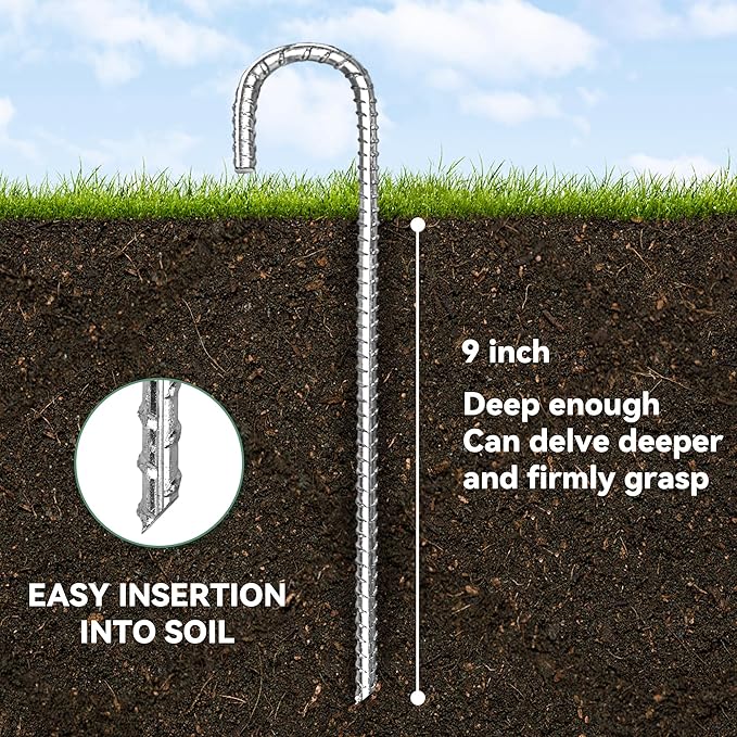 12 Pack 12 Inch Rebar Stakes Heavy Duty J Hook Ground Anchors, Anti Rust Metal Steel Tent Stakes Garden Fence Stakes, Silver