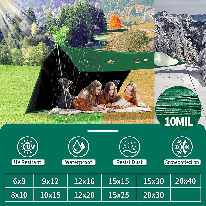 Tarp 10x15 ft Heavy Duty 100% Waterproof 10mil,UV Resistant,Durable Grommets and Reinforced Edges Green/Black Tarp for Camping, Swimming Pools,Car Coverage -by MVPNET