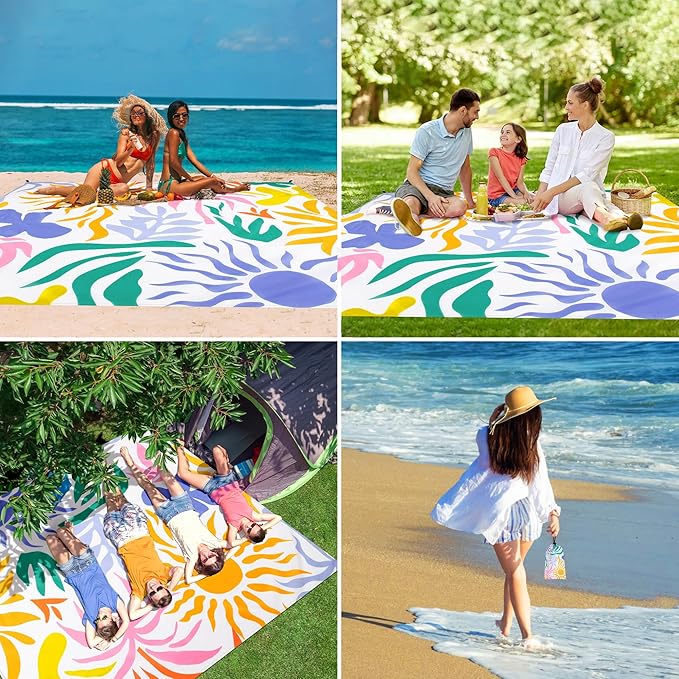 Beach Blanket Waterproof Sandproof Oversized, 110''×118'' Extra Large Beach Mat Sand Free, Lightweight Compact Foldable Picnic Blanket w/ 4 Stakes & Pockets for Camping, Travel, Beach Accessories