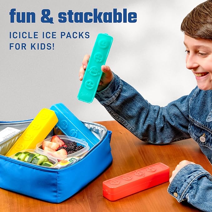 Cool Coolers by Fit & Fresh Kids Icicle Lunch Box Ice Pack Sticks, Icicle Ice Sticks for Lunch Bags and Coolers, Lunch Ice Pack Sticks, Reusable, Multicolored, Smile Icicles, 8PK