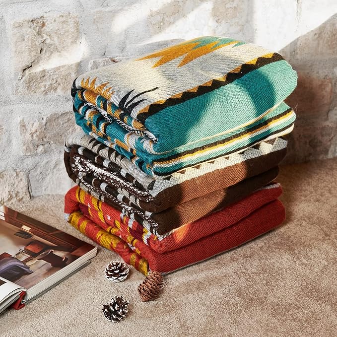 Aztec Patterned Throw Blanket with Soft Sherpa Lining, Traditional Southwestern Navajo Tribal Style Warm Throw for Camping, Outdoor, Light Weight Cozy Boho Blanket for Couch, Sofa, Bed, 50”x60”, Teal