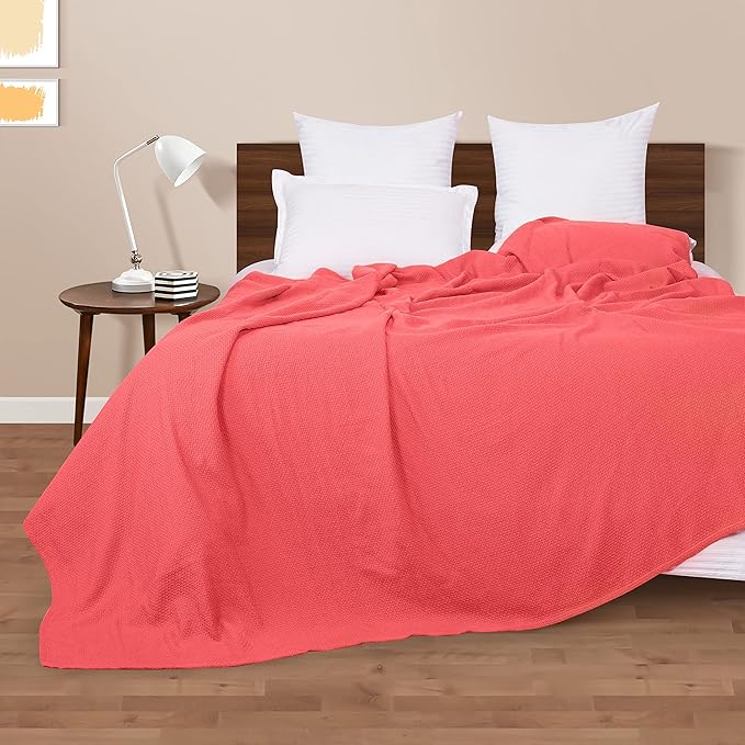 BOUTIQUO 100% Cotton Bed Blanket, Breathable Thermal Blanket King Size, Soft Honeycomb Waffle Blanket 90"x102", Cotton Bed Blanket, Perfect for Layering Any Bed for All Season, Coral