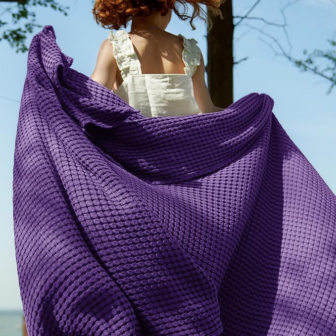 Bedsure Cooling Cotton Waffle Queen Size Blanket - Lightweight Breathable Blanket of Rayon Derived from Bamboo for Hot Sleepers, Luxury Throws for Bed, Couch and Sofa, Purple, 90x90 Inches