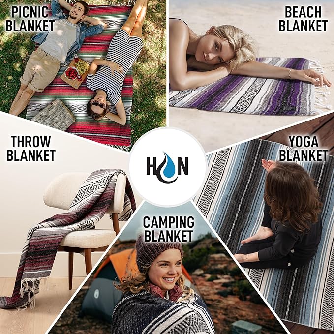 Hydration Nation Authentic Extra Large Mexican Blanket (70"x50") - Handwoven Yoga, Serape- Artisanal Falsa, Beach, Camping, Picnic, Outdoor - Purple Haze