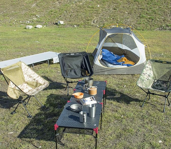 iClimb Extendable Folding Table Large Tabletop Area Ultralight Compact with Hollow Out Tabletop and Carry Bag for Camping Backpacking Beach Concert BBQ Party, Three Size (Black - S)